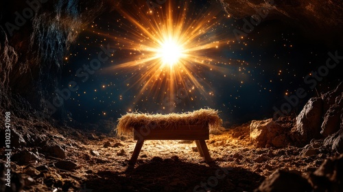 Christian Christmas Nativity Scene with Empty Wooden Manger, Star of Bethlehem in Cave - Birth of Jesus Christ Background