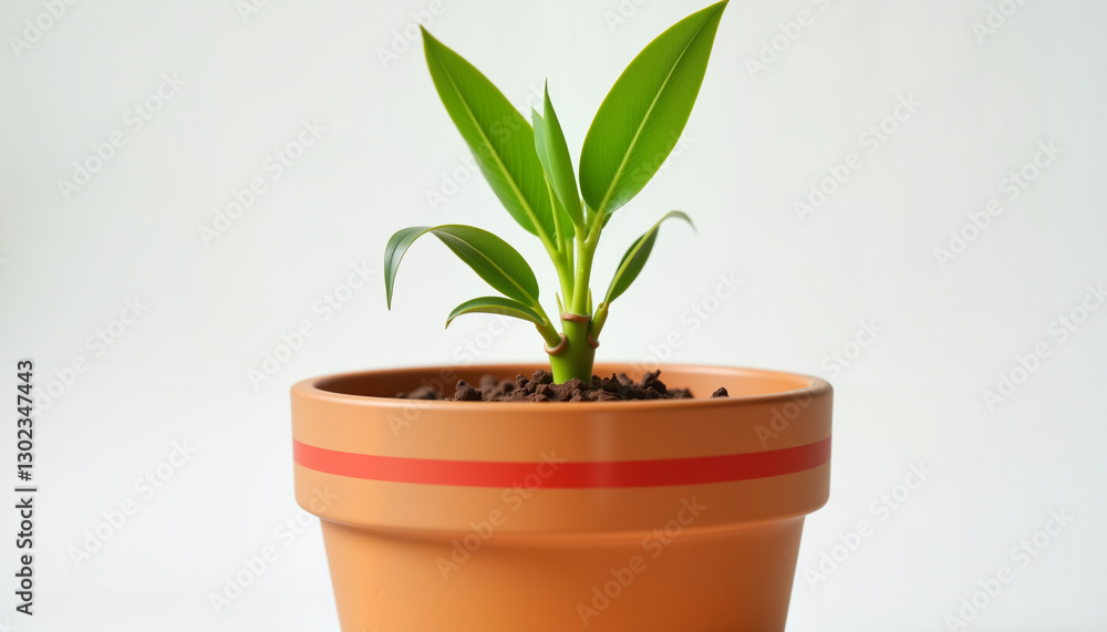 Obraz premium Green bamboo shoot growing in red-striped clay pot, nature's resilience