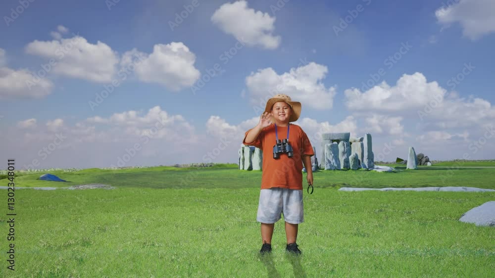 Asian Boy With Hat And Binoculars Using Magnifying Glass, Smiling And Waving Hand While Traveling In Stonehenge. Boy Researcher Examines Something, Travel Adventure, Full Body Asian Boy With Hat And Binoculars Using Magnifying Glass, Smiling And Waving Hand While Traveling In Stonehenge. Boy Researcher Examines Something, Travel Adventure, Full Body