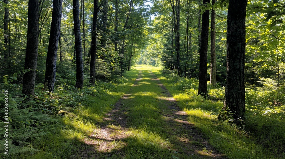 Sunlit path through lush green forest. Sunlit path through lush green forest.
