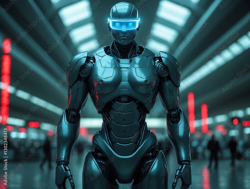 Towering Cybernetic Security Robot with Blue Facial Recognition Visor Patrolling Dystopian Airport – 4K Ultra HD Surveillance Art Towering Cybernetic Security Robot with Blue Facial Recognition Visor Patrolling Dystopian Airport – 4K Ultra HD Surveillance Art