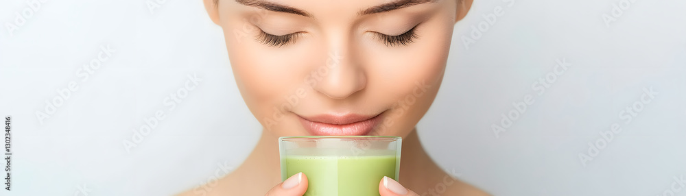 woman enjoying green smoothie, promoting health and wellness. Her serene expression reflects tranquility and mindfulness in healthy lifestyle woman enjoying green smoothie, promoting health and wellness. Her serene expression reflects tranquility and mindfulness in healthy lifestyle