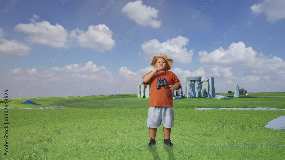 Asian Boy With A Hat Looking Through Binoculars Then Making Shh Gesture While Traveling In Stonehenge. Boy Researcher Examines Something, Travel Tourism Adventure Concept, Full Body Asian Boy With A Hat Looking Through Binoculars Then Making Shh Gesture While Traveling In Stonehenge. Boy Researcher Examines Something, Travel Tourism Adventure Concept, Full Body