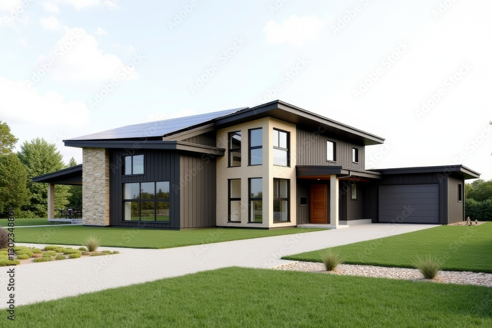 A Modern Sustainable house with sleek solar panels integrated into a flat roof, framed by minimalist landscaping. A Modern Sustainable house with sleek solar panels integrated into a flat roof, framed by minimalist landscaping.