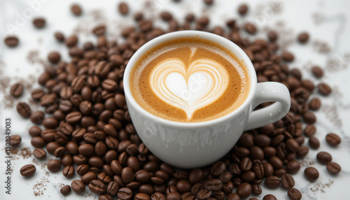 Latte Art Coffee Cup  Heart Design  Roasted Beans  Morning Beverage