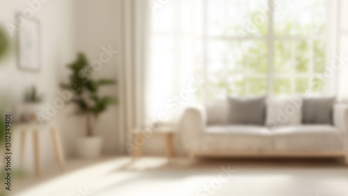 Blurred background of serene scandinavian living room featuring light wooden furniture, soft accents, and lush greenery, creating a cozy and inviting atmosphere. AI Generated Images