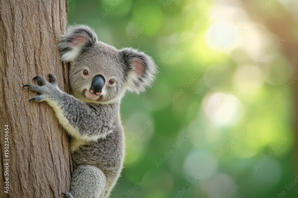 Obraz premium Adorable Koala Climbing a Tree with Blurred Green Background and Soft Lighting
