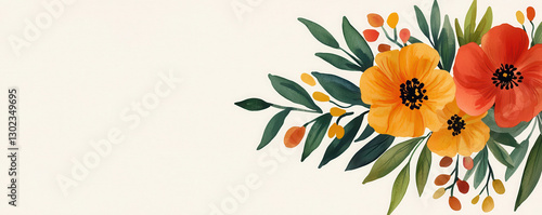 Watercolor Orange and Red Flower Bouquet on Textured Background