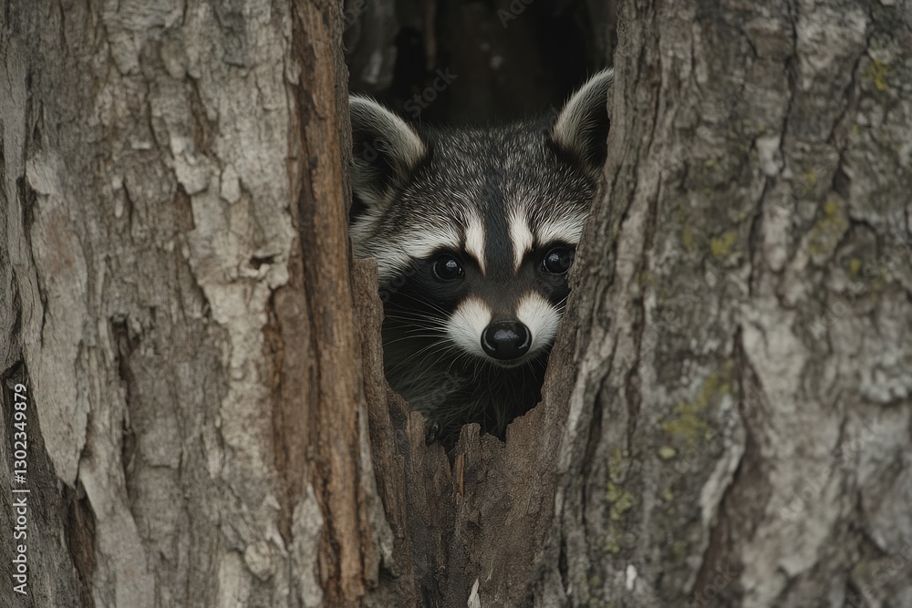 Adorable Raccoon Peeking Out From Tree Hollow Surrounded by Rustic Bark Texture Adorable Raccoon Peeking Out From Tree Hollow Surrounded by Rustic Bark Texture