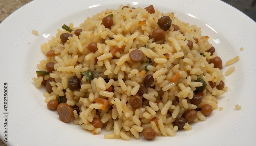 Serve golden brown rice with brown lentils and fried chopped onion on a small white plate. Serve golden brown rice with brown lentils and fried chopped onion on a small white plate.