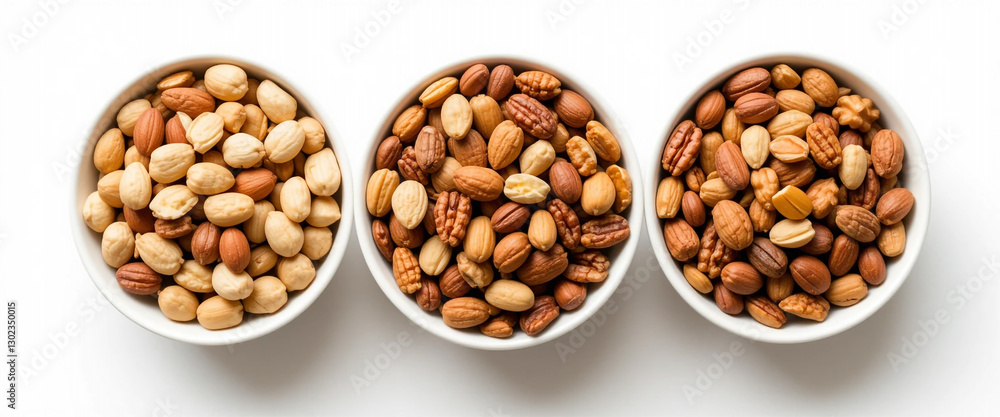 Three Bowls of Mixed Nuts Almonds Pecans Hazelnuts Walnuts Cashews Three Bowls of Mixed Nuts Almonds Pecans Hazelnuts Walnuts Cashews