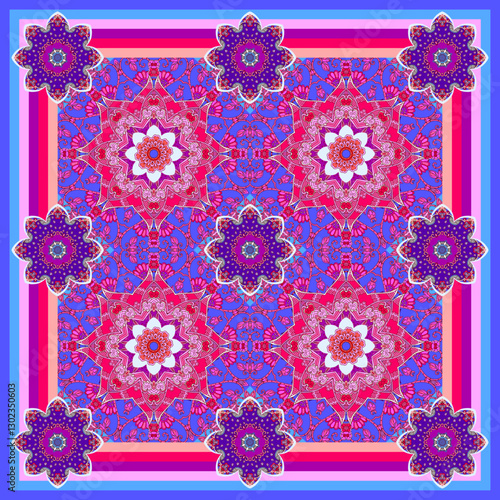 A beautiful pattern for a scarf, carpet or pillow in ethnic style. Flowers, mandalas and a delightful lace ornament in lilac and crimson colors.