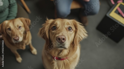 Captivating golden retriever gazing affectionately from the camera, sporting a vibrant red collar, showcasing soft, wavy fur and a charming, gentle smile photo