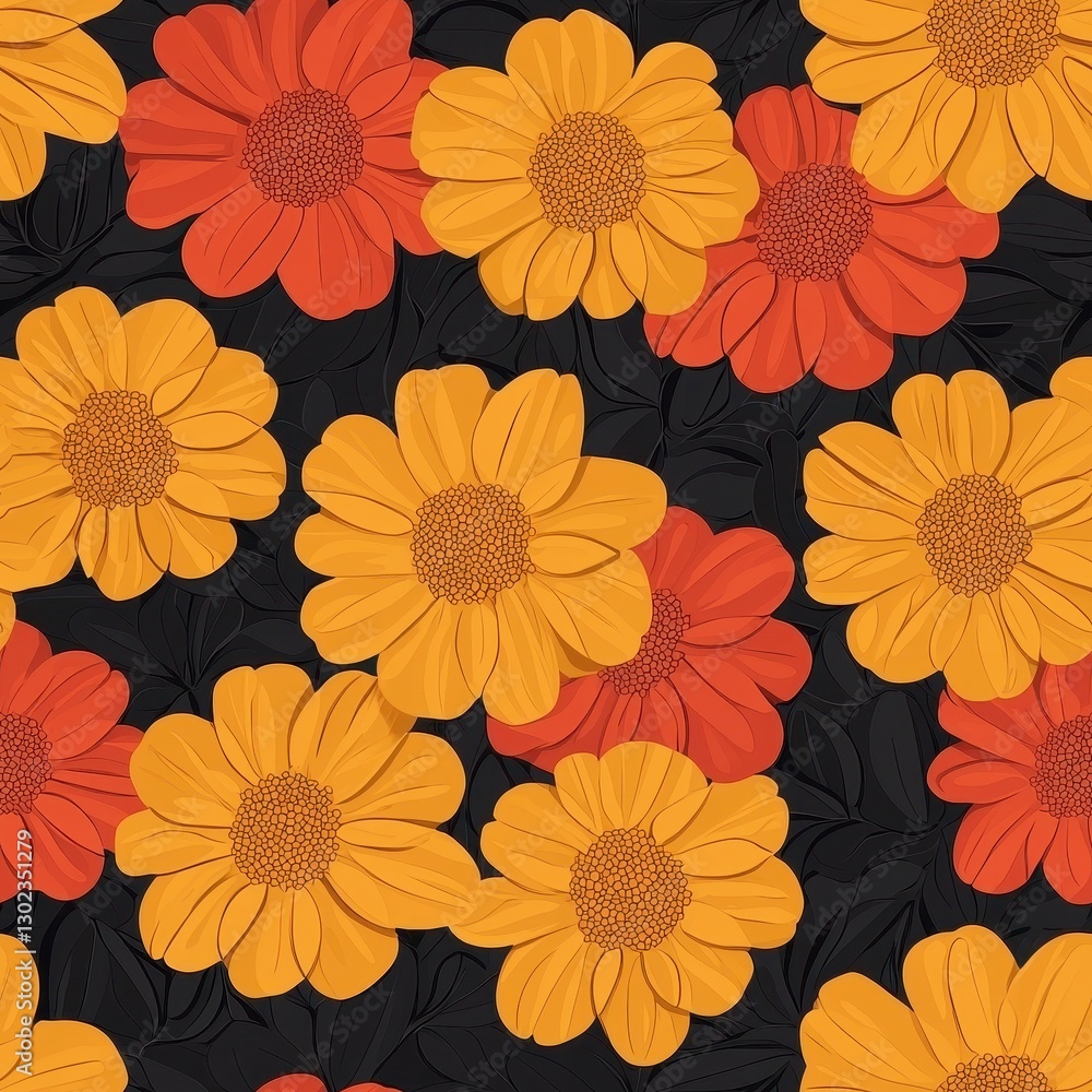 A vibrant floral pattern featuring yellow and orange flowers against a dark background, creating a lively and bold aesthetic. A vibrant floral pattern featuring yellow and orange flowers against a dark background, creating a lively and bold aesthetic.