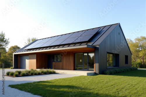 A Modern Sustainable house with sleek solar panels integrated into a flat roof, framed by minimalist landscaping.