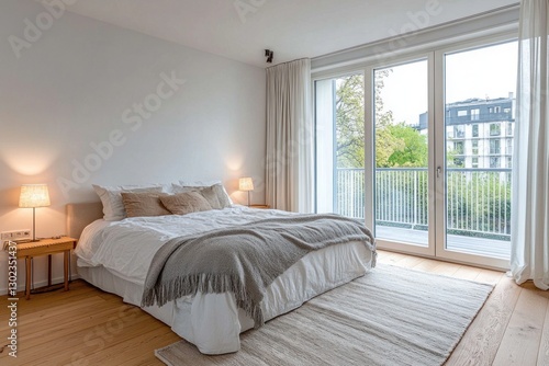 Modern bedroom with large windows, balcony view, and neutral decor.