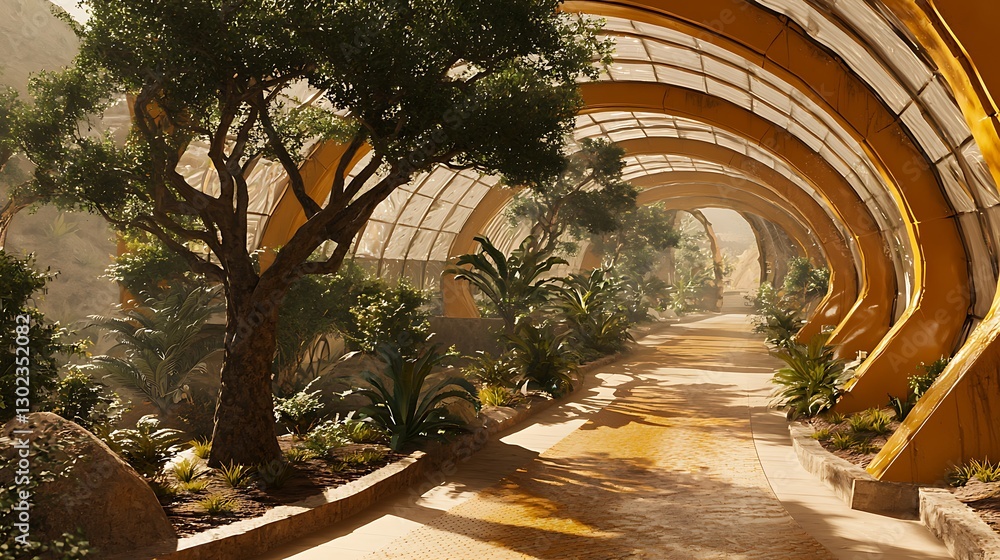 Fototapeta premium Serene walkway inside botanical garden with lush greenery and architectural glass tunnel structure