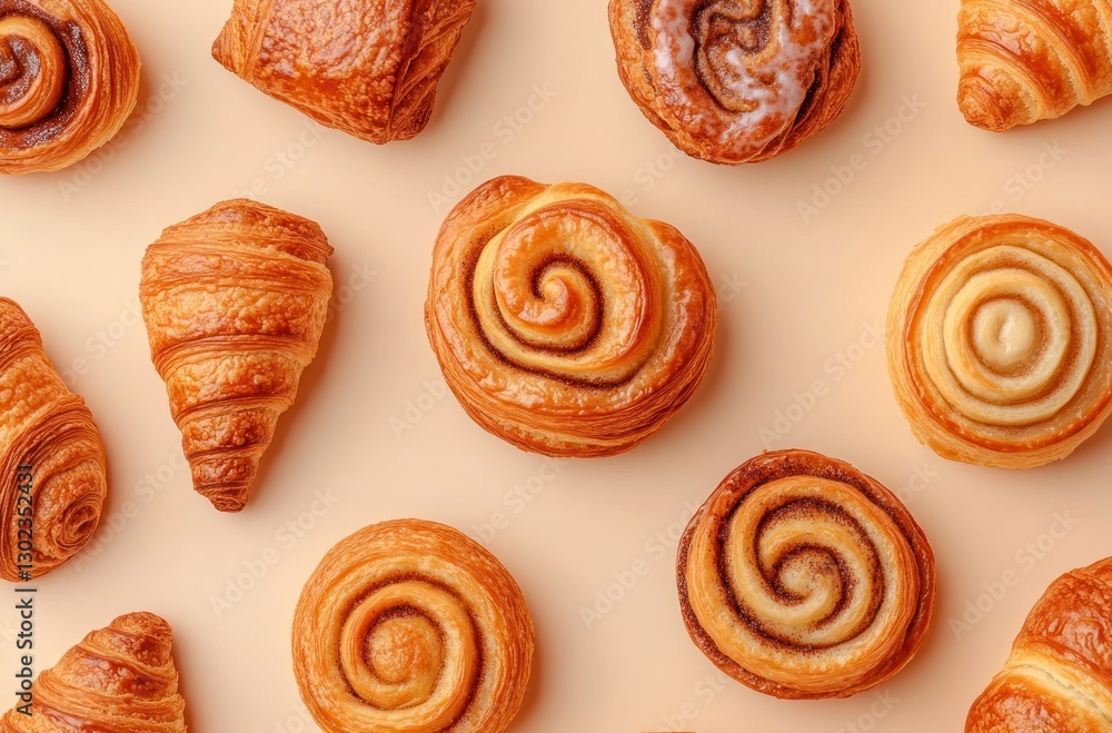 variety of croissants and cinnamon rolls arranged on an isolated beige background, captured from above with a macro lens for detailed texture variety of croissants and cinnamon rolls arranged on an isolated beige background, captured from above with a macro lens for detailed texture