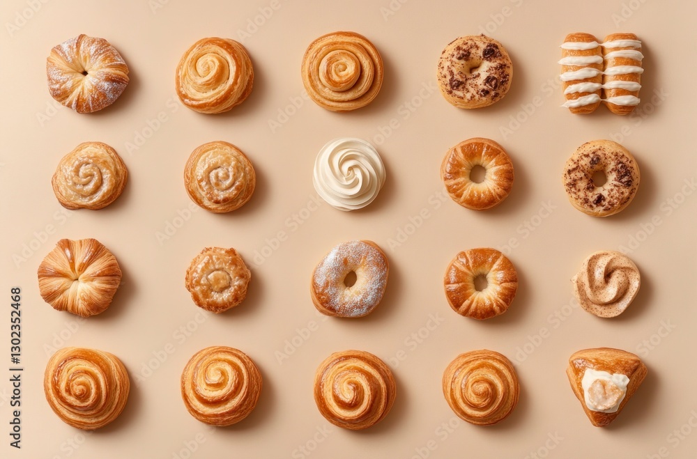 variety of croissants and cinnamon rolls arranged on an isolated beige background, captured from above with a macro lens for detailed texture variety of croissants and cinnamon rolls arranged on an isolated beige background, captured from above with a macro lens for detailed texture