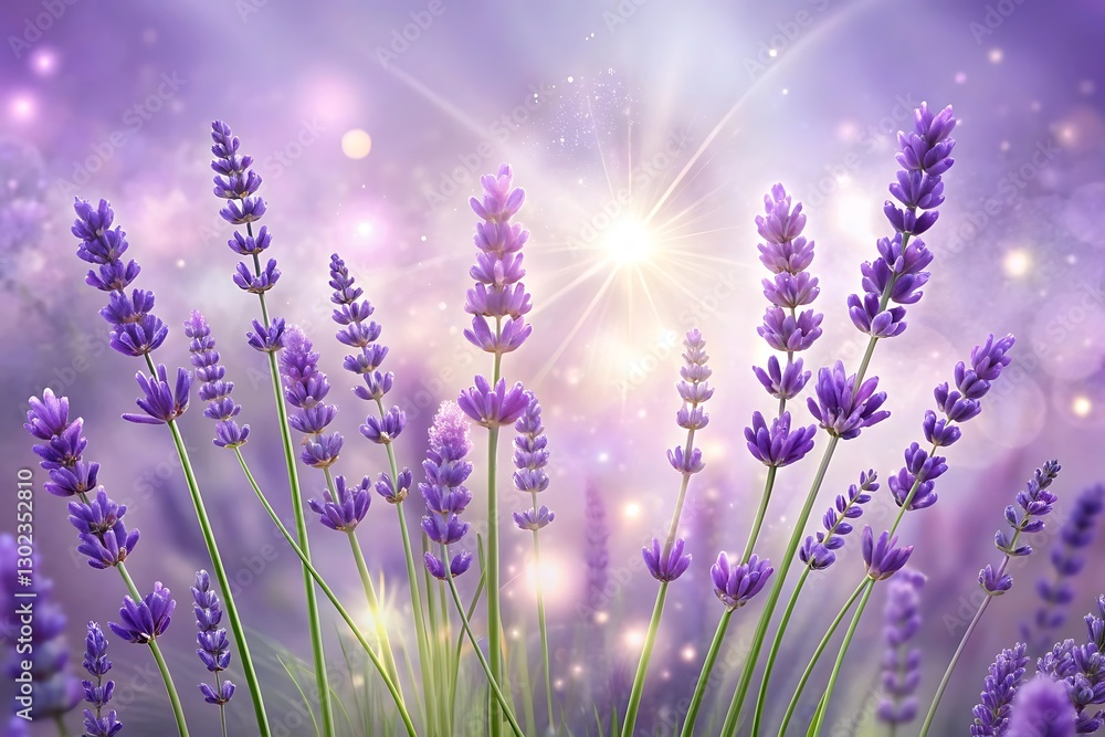 Naklejka premium Field of purple lavender flowers with the sun shining on them