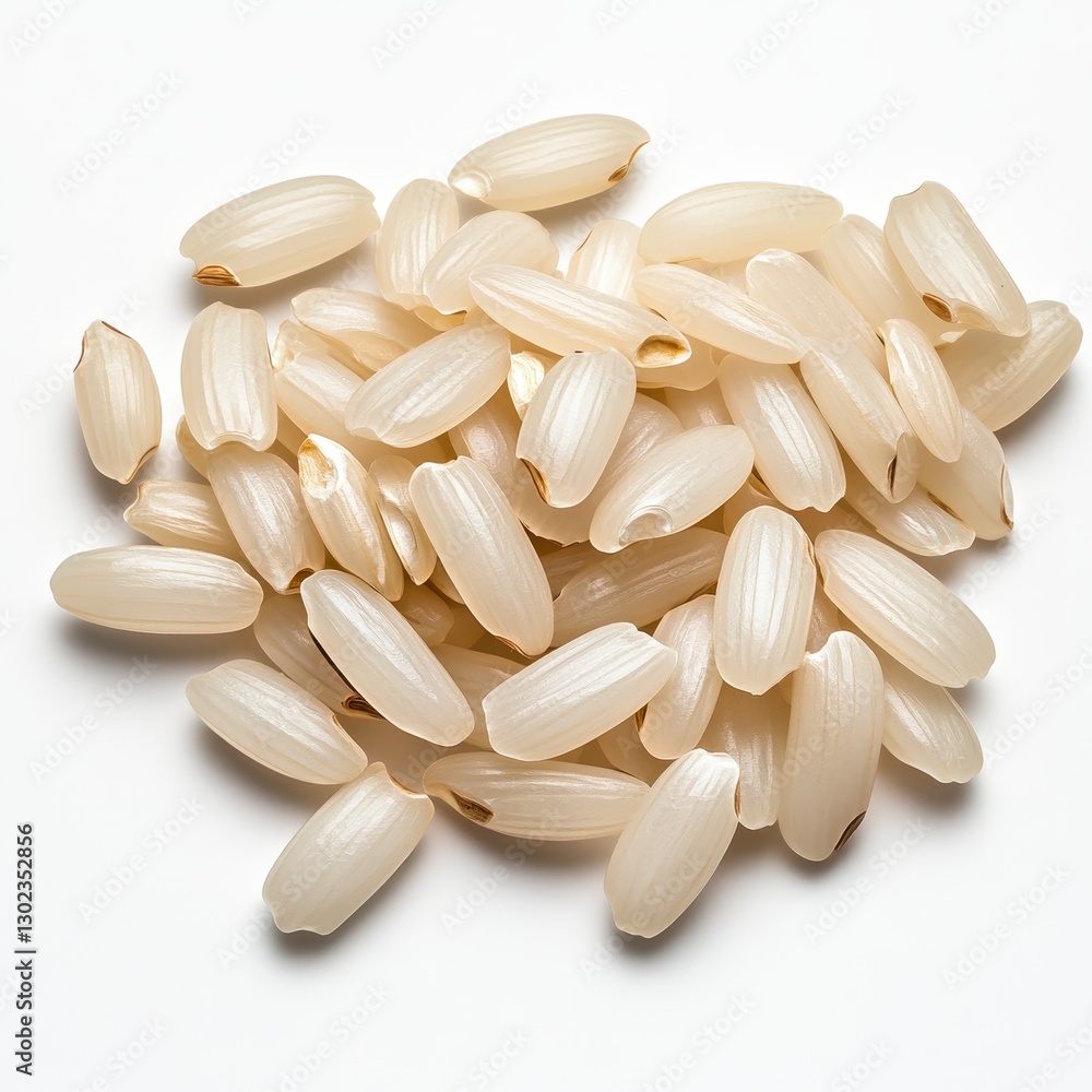 Pile of Uncooked White Rice Grains on White Background Pile of Uncooked White Rice Grains on White Background
