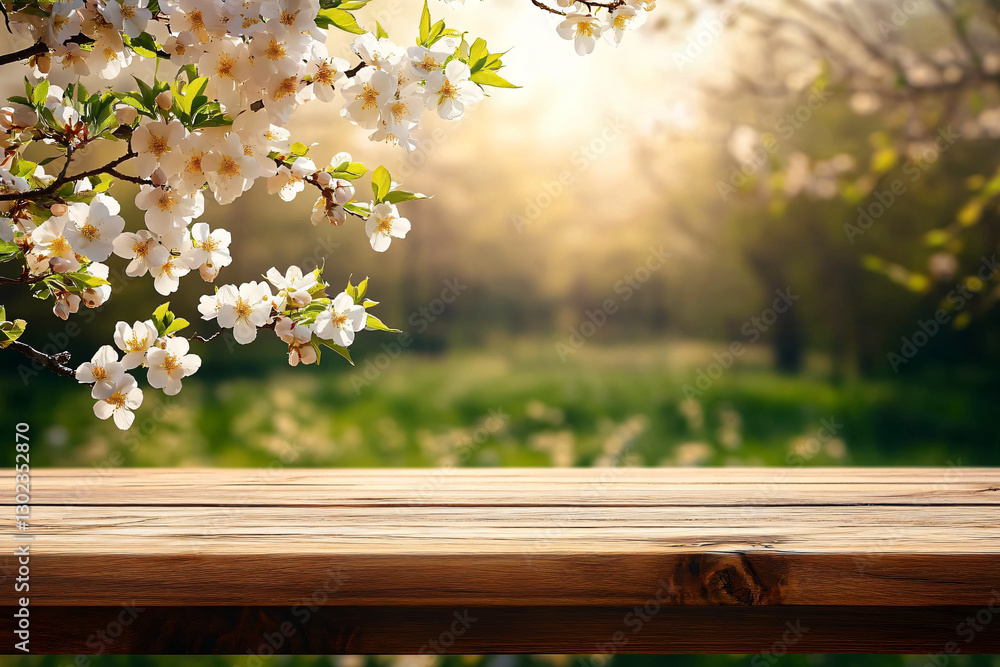 Serene spring morning image featuring a wooden table and white blossoms, perfect for showcasing products, spring-themed designs, or nature-inspired events. Serene spring morning image featuring a wooden table and white blossoms, perfect for showcasing products, spring-themed designs, or nature-inspired events.