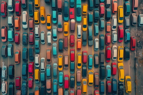 Aerial View of Colorful Traffic Jam in Urban City Streets Captured from Above