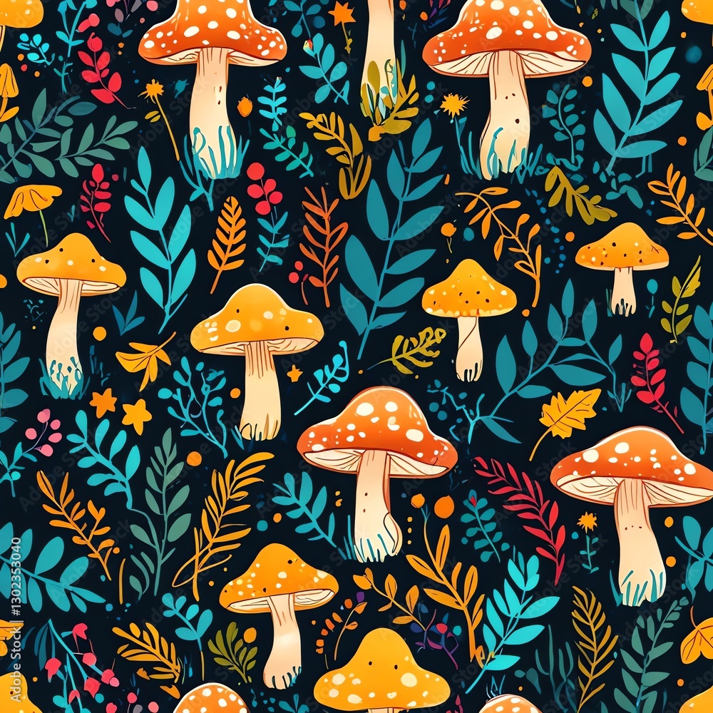 Enchanted Forest Mushroom Pattern: A whimsical illustration featuring vibrant mushrooms and foliage, perfect for textile prints, wallpapers, and autumnal designs. Enchanted Forest Mushroom Pattern: A whimsical illustration featuring vibrant mushrooms and foliage, perfect for textile prints, wallpapers, and autumnal designs.