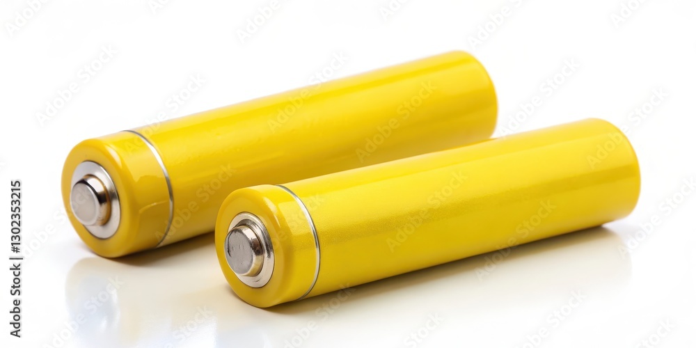Two yellow AA batteries on a white background with some minor scratches and wear, batteries, storage