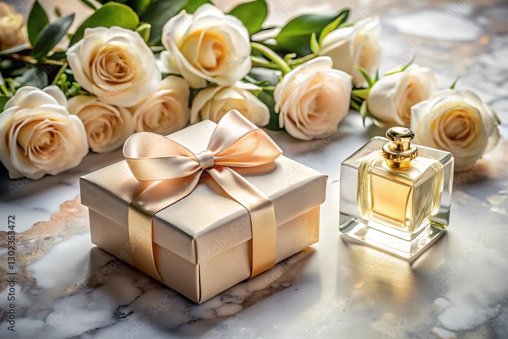 Box with a bow on top of it and a bottle of perfume next to it Box with a bow on top of it and a bottle of perfume next to it