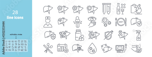 Set of vector line icons related to hepatitis and liver diseases.