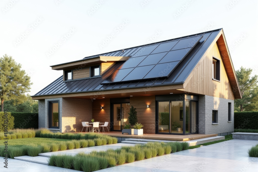 A Modern Sustainable house with sleek solar panels integrated into a flat roof, framed by minimalist landscaping. A Modern Sustainable house with sleek solar panels integrated into a flat roof, framed by minimalist landscaping.