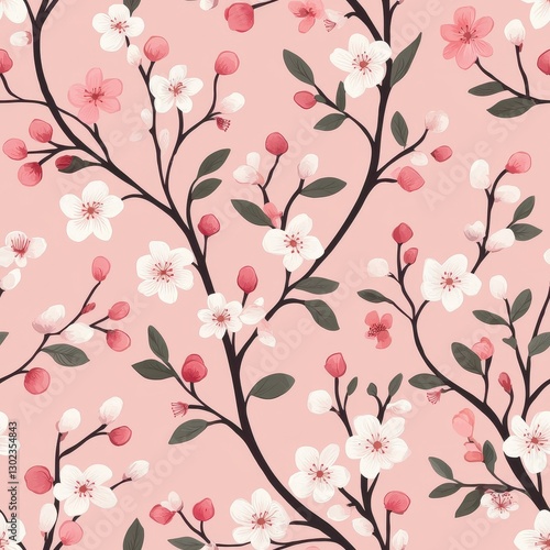 A delicate floral pattern featuring pink blossoms and buds on a soft pink background, creating a serene and elegant aesthetic.