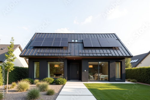 Wallpaper Mural A Modern Sustainable house with sleek solar panels integrated into a flat roof, framed by minimalist landscaping. Torontodigital.ca