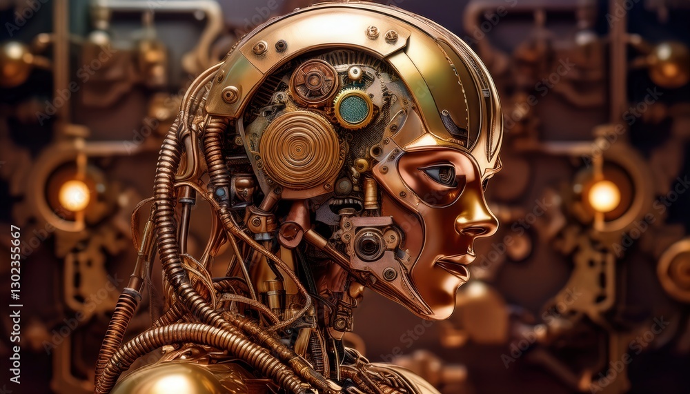 Fototapeta premium A retro-styled robot with visible gears and exposed wiring, designed in a steampunk aesthetic, featuring brass accents, intricate mechanical details, and a vintage industrial appearance. 