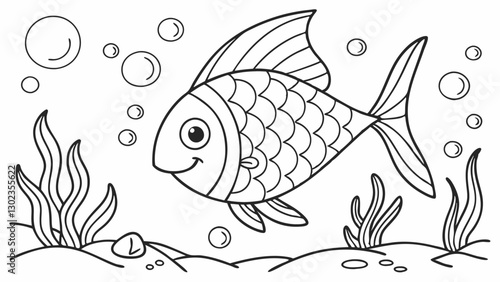 Black and white page for baby coloring book. Illustration of cute fairy-tale fish swimming underwater. Printable template for kids. Worksheet for children and adults. Hand-drawn vector image