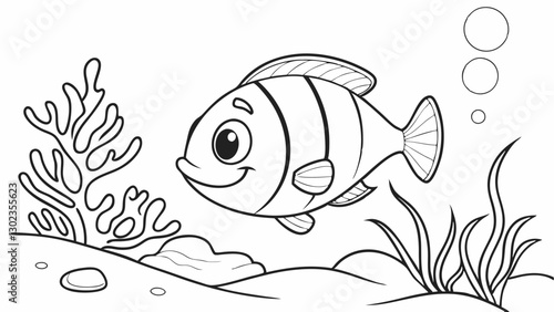 Black and white page for baby coloring book. Illustration of cute fairy-tale fish swimming underwater. Printable template for kids. Worksheet for children and adults. Hand-drawn vector image