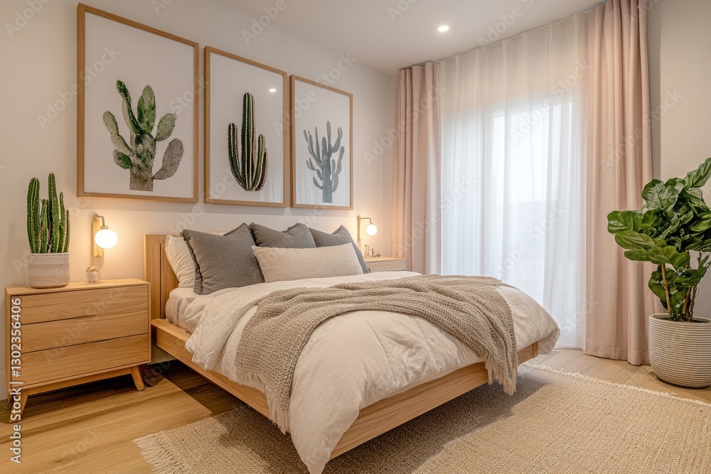 Fototapeta premium Modern bedroom with light wood furniture, neutral bedding, and cactus artwork.