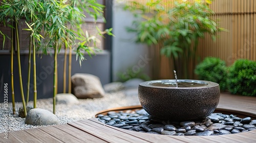 **A peaceful Zen garden setup with a low wooden table