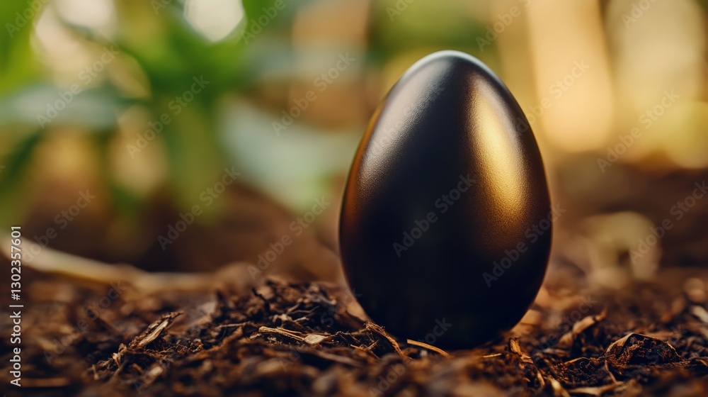 Fototapeta premium Dark Egg Rests In Rich Brown Soil
