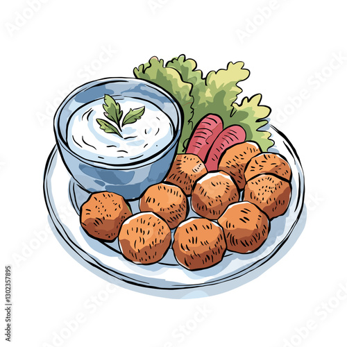 Watercolor Kibbeh Platter with Yogurt Dip