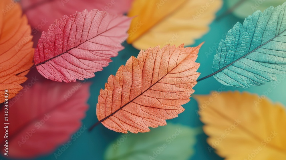 Fototapeta premium Colorful autumn leaves on a blue background. Concept of fall season, nature, and vibrant colors.