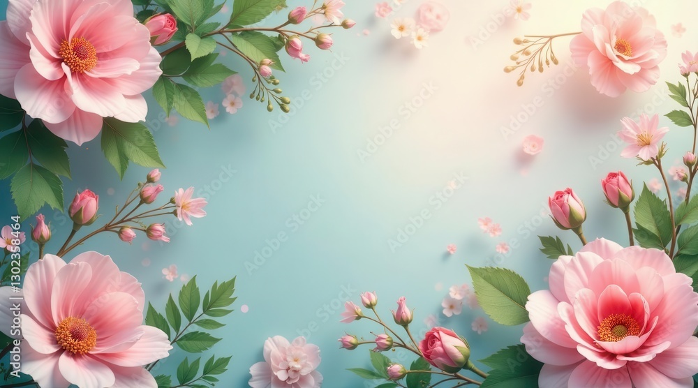 Delicate Pink Blossoms and Roses Create a Serene Floral Border on a Light Blue Background Delicate Pink Blossoms and Roses Create a Serene Floral Border on a Light Blue Background