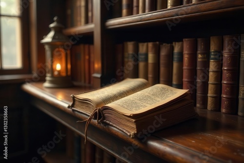 Wallpaper Mural A solitary book rests open on a dark wooden shelf, illuminated by the soft glow of a nearby lantern, nestled amongst rows of aged, leather-bound volumes in a classic library setting. Torontodigital.ca