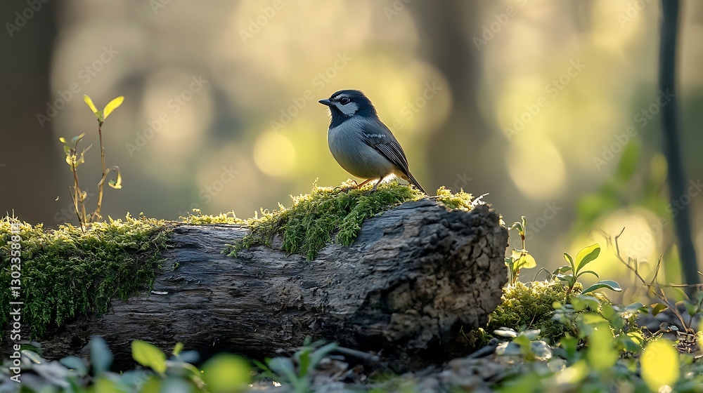 Obraz premium Bird perched on mossy log in sunlit forest