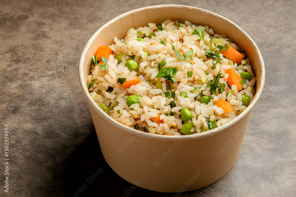 Delicious fried rice with vegetables in eco-friendly container, offering a tasty and sustainable meal choice for health-conscious consumers looking for convenience Delicious fried rice with vegetables in eco-friendly container, offering a tasty and sustainable meal choice for health-conscious consumers looking for convenience