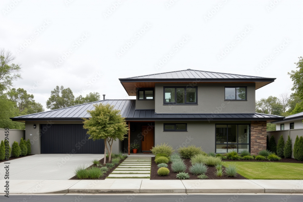 Fototapeta premium A Modern Sustainable house with sleek solar panels integrated into a flat roof, framed by minimalist landscaping.