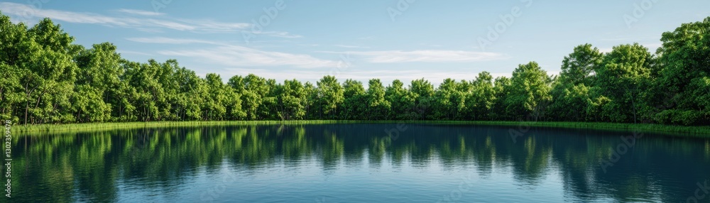 Scenic view of a calm lake surrounded by lush green trees under a blue sky. Serene nature landscape. Scenic view of a calm lake surrounded by lush green trees under a blue sky. Serene nature landscape.