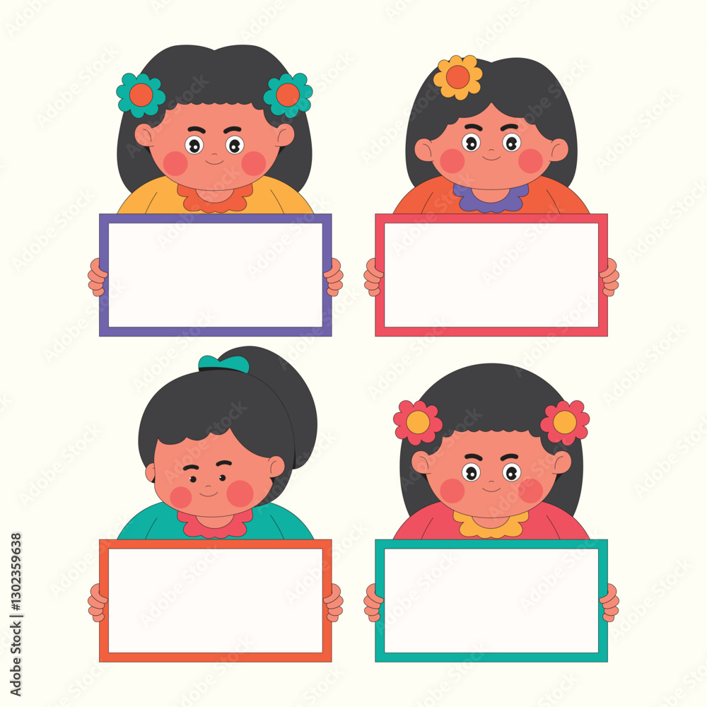 Set Cute Girl Holding Blank Sign Cartoon Illustration Set Cute Girl Holding Blank Sign Cartoon Illustration