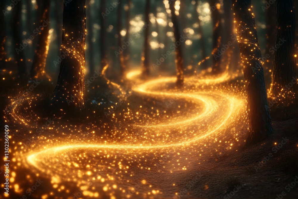 Glowing Trail Winds Through Forest at Twilight Glowing Trail Winds Through Forest at Twilight